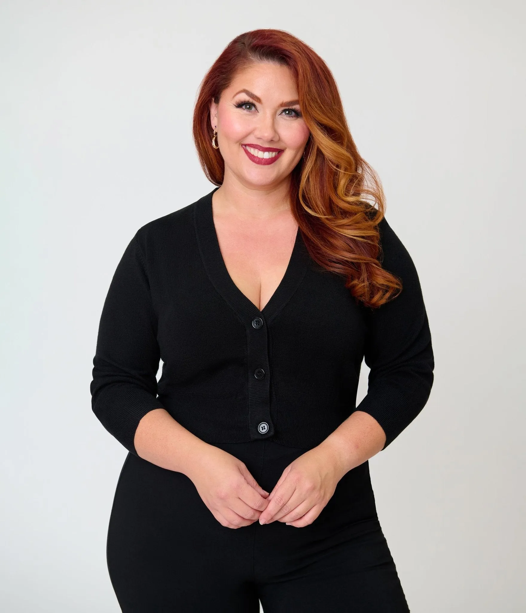 Plus Size Black Three Quarter Sleeve Crop Cardigan sold by Unique Vintage product image thumbnail 4