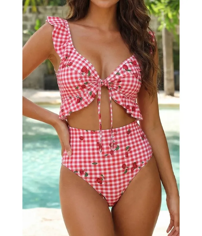 Red Gingham & Cherry Print Ruffle Bikini Set made by Unique Vintage