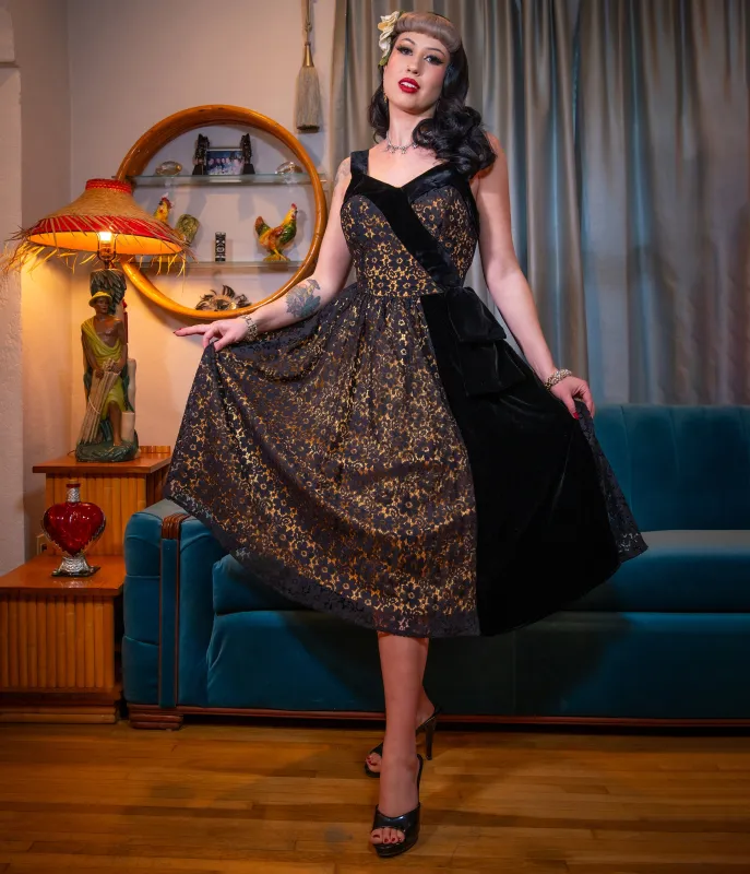 Black & Gold Floral Lace Swing Dress made by Unique Vintage