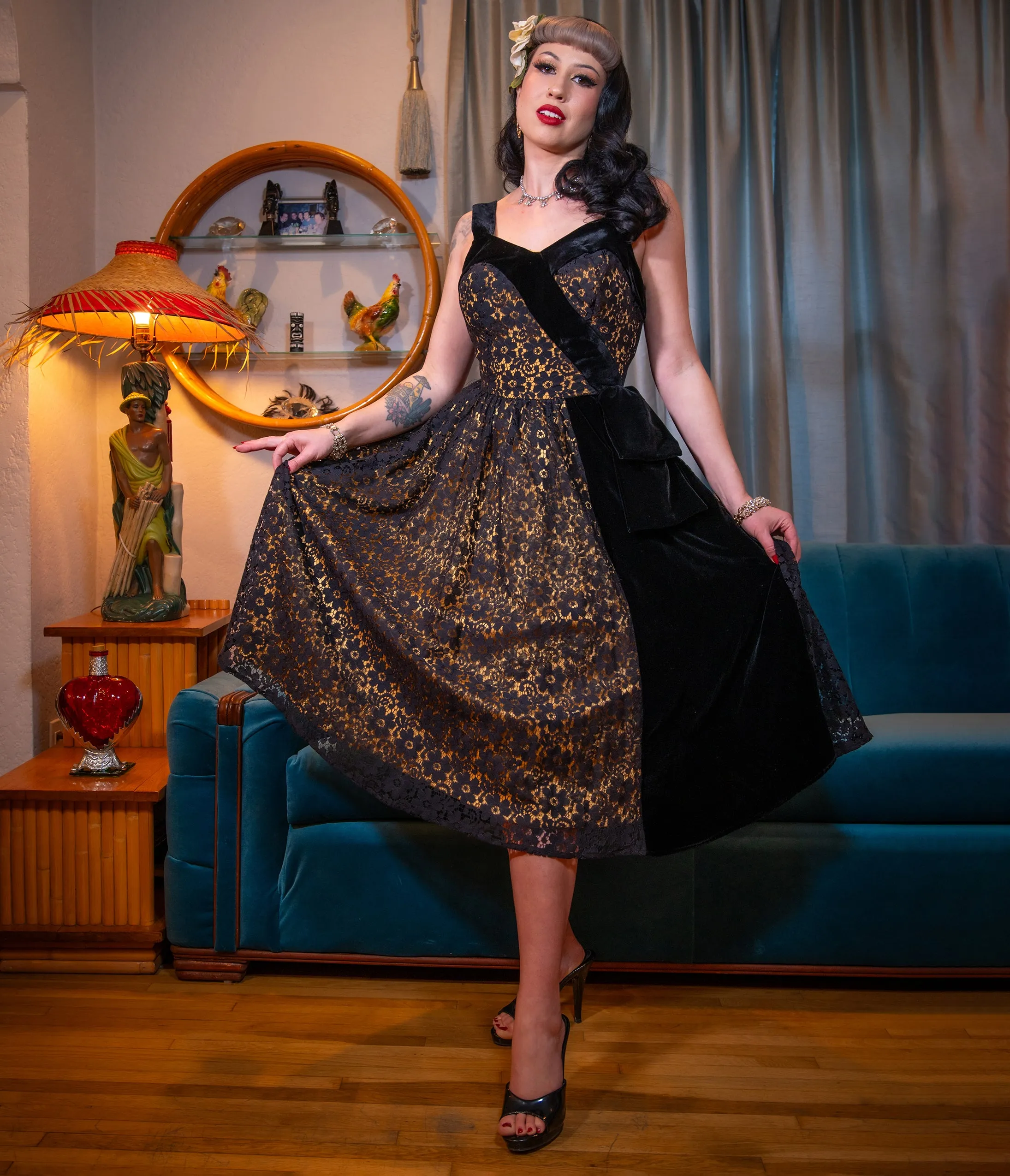 Black & Gold Floral Lace Swing Dress sold by Unique Vintage