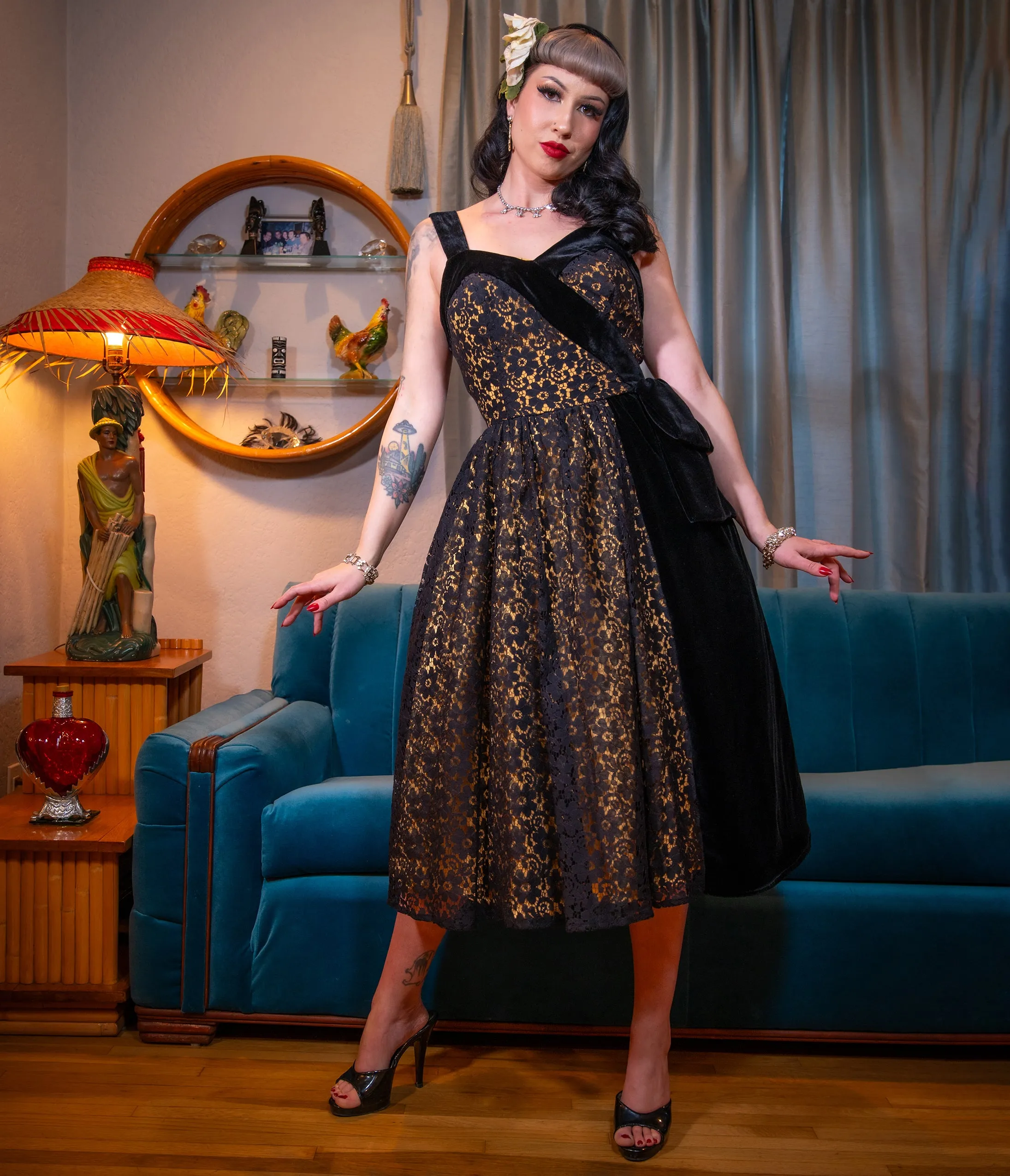Black & Gold Floral Lace Swing Dress sold by Unique Vintage product image thumbnail 4