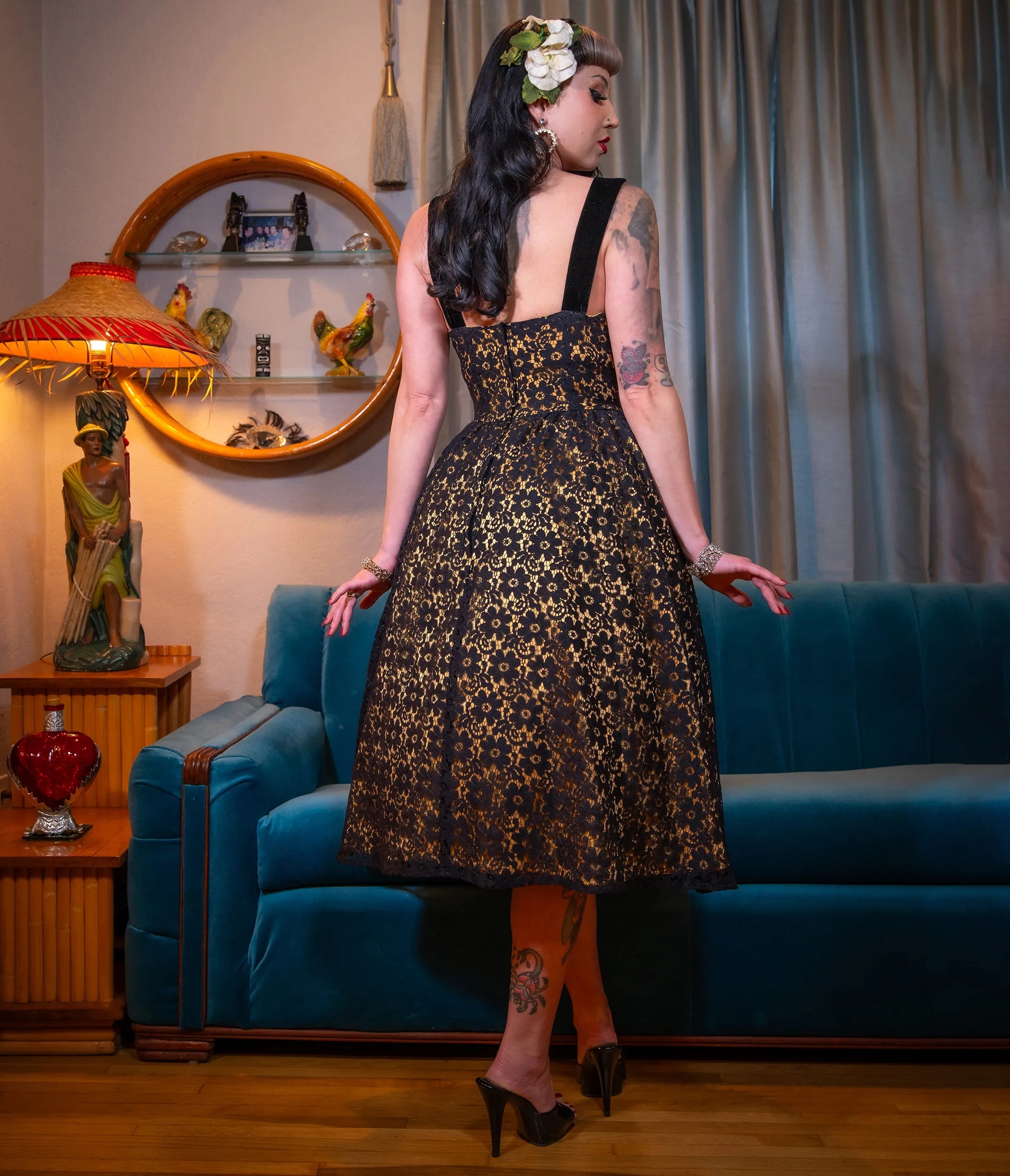 Black & Gold Floral Lace Swing Dress sold by Unique Vintage product image thumbnail 2