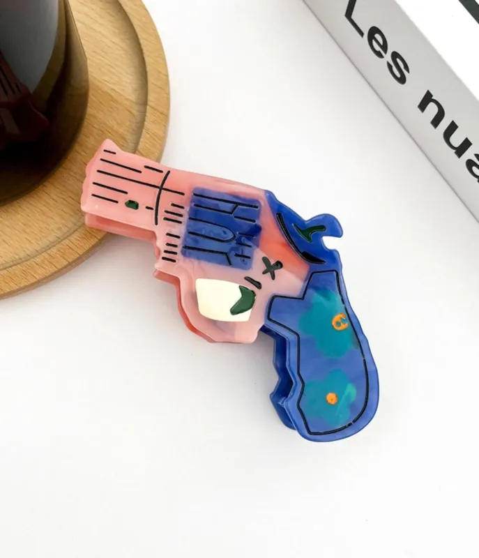 Pink & Blue Revolver Shaped Hair Claw Clip made by Unique Vintage