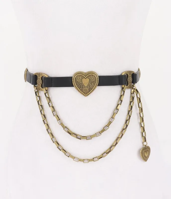 Black & Gold Tone Heart Faux Leather Belt made by Unique Vintage