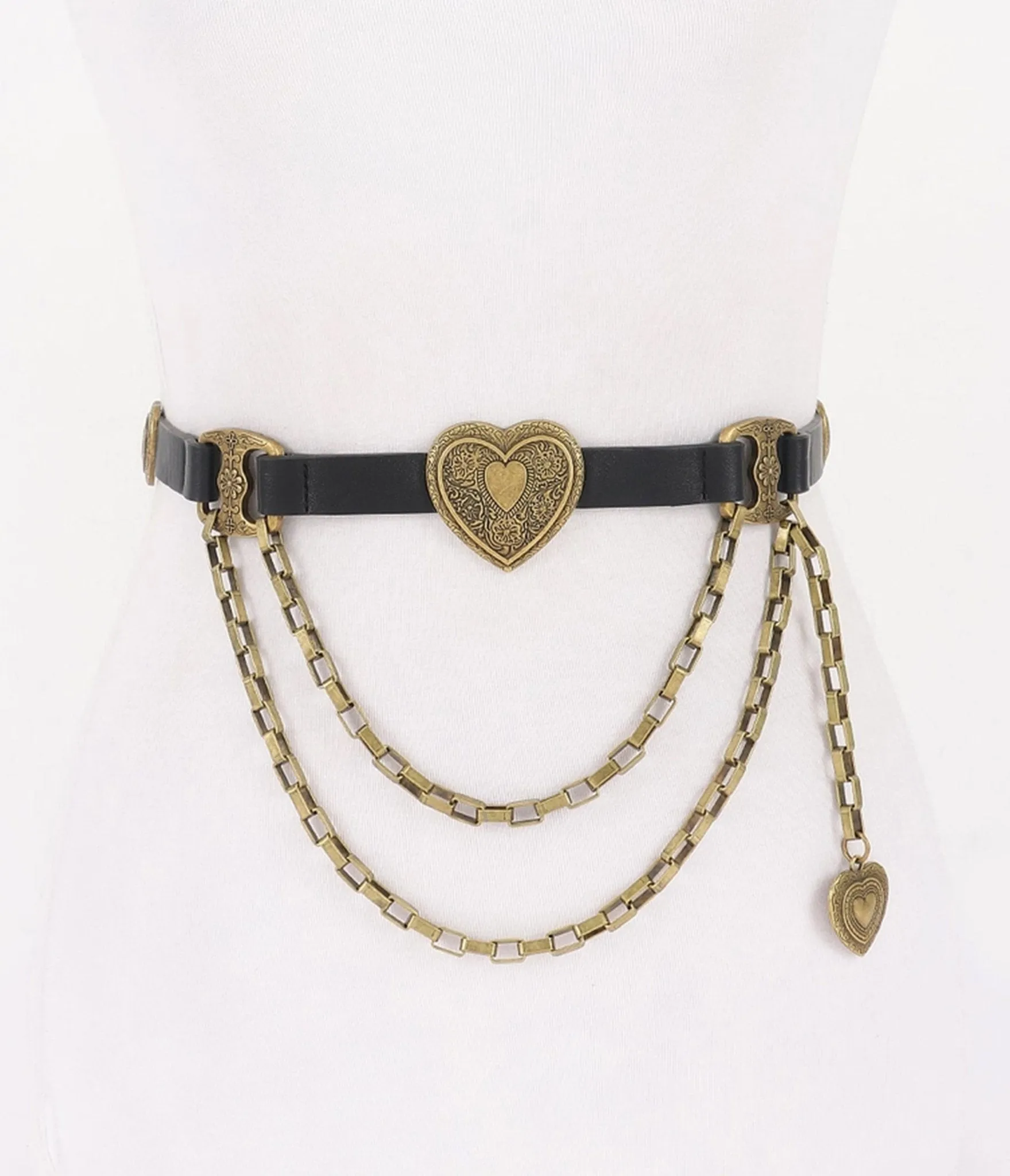 Black & Gold Tone Heart Faux Leather Belt sold by Unique Vintage