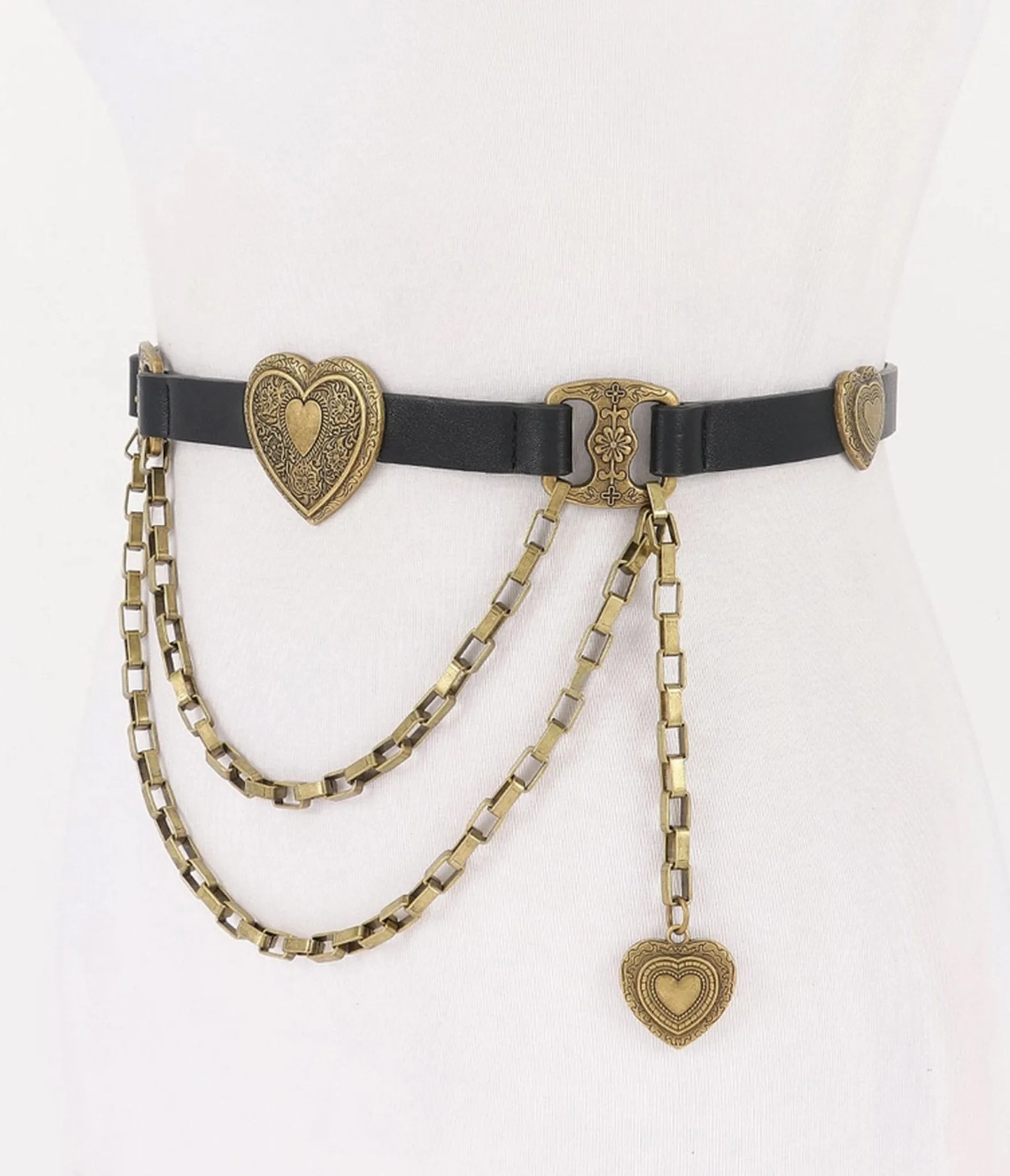 Black & Gold Tone Heart Faux Leather Belt sold by Unique Vintage product image thumbnail 2