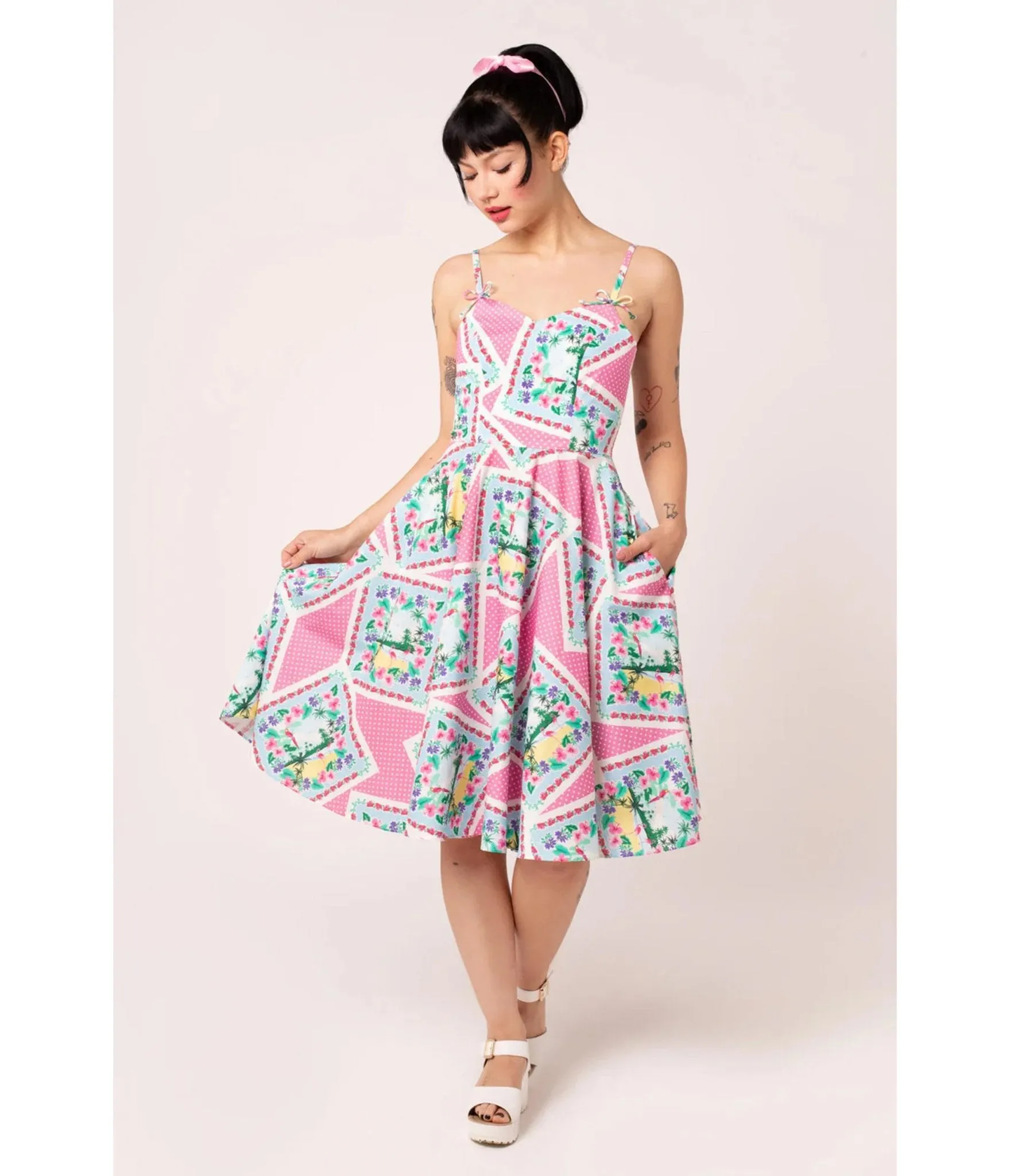 Hell Bunny Pink Floral Patchwork Swing Dress sold by Unique Vintage