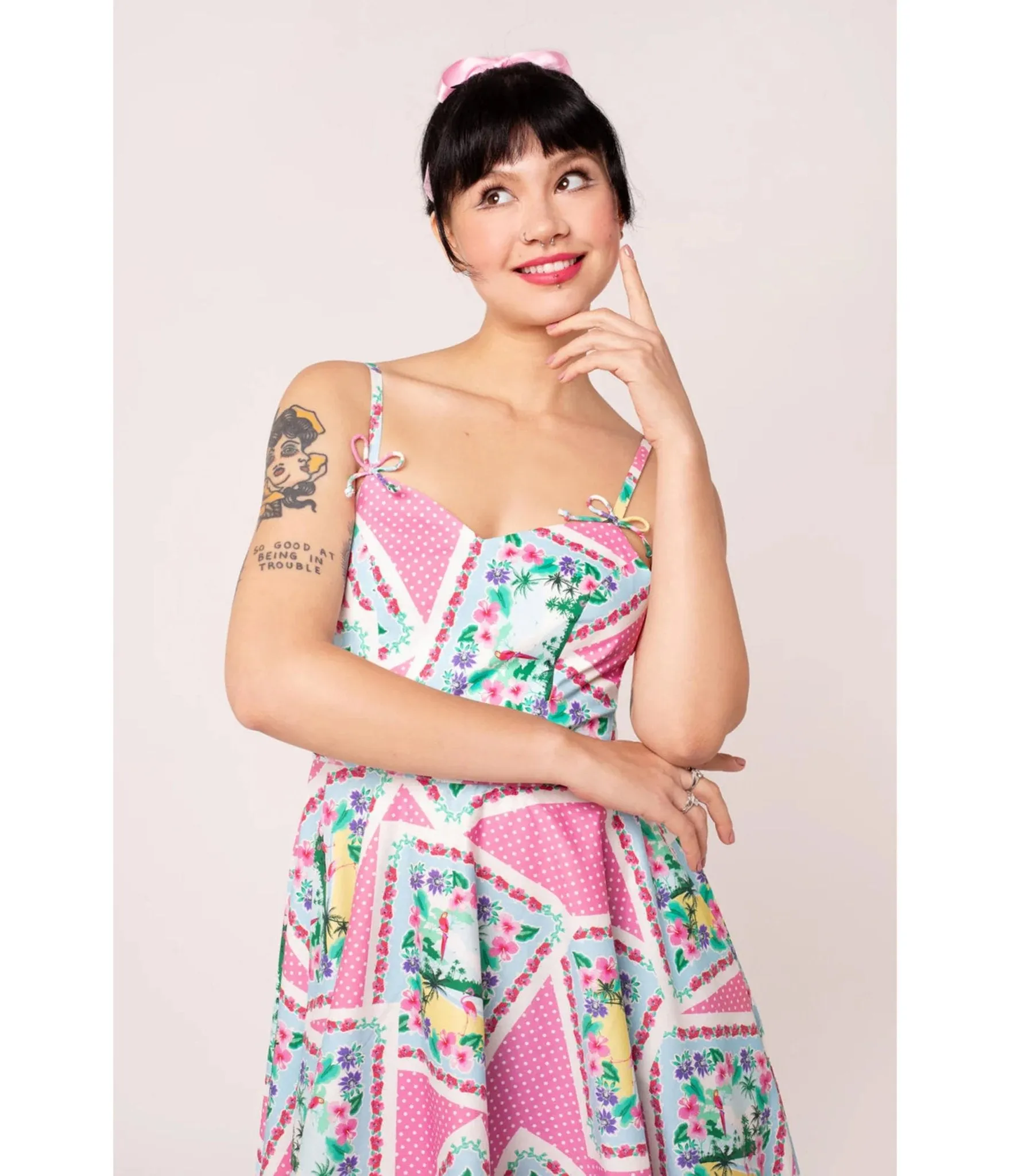 Hell Bunny Pink Floral Patchwork Swing Dress sold by Unique Vintage product image thumbnail 3
