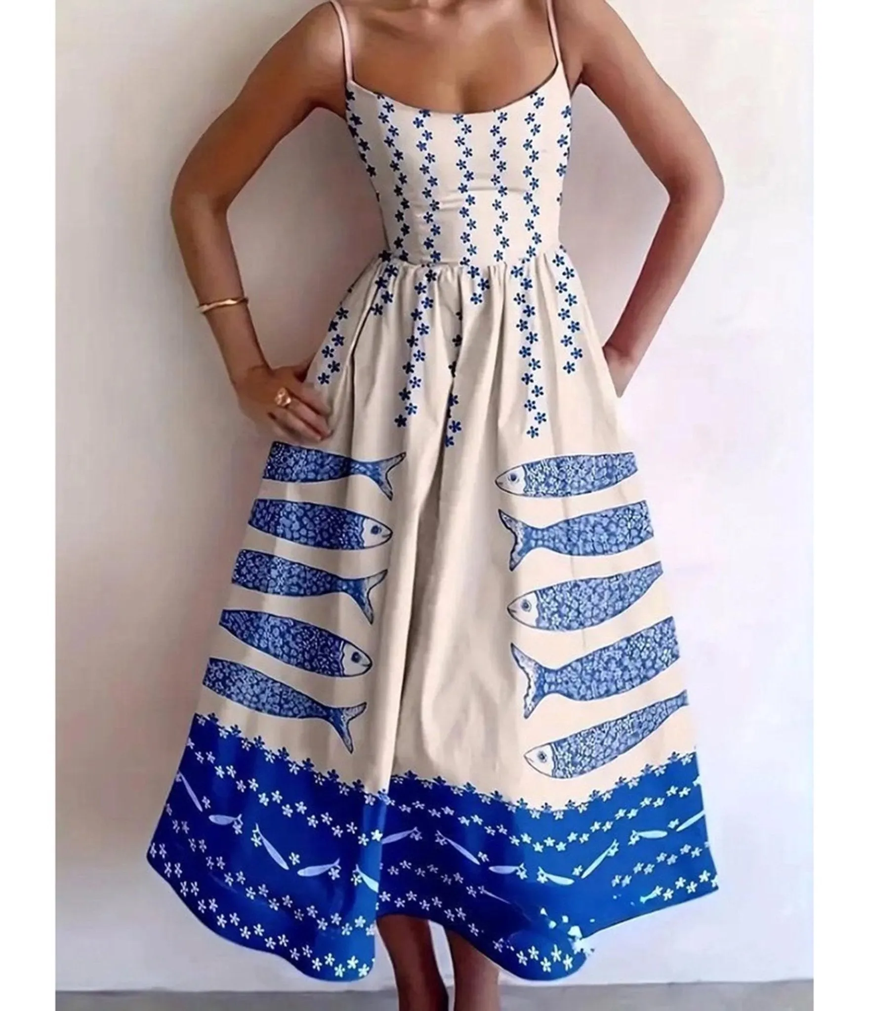 Ivory Sardine Print Spaghetti Strap Midi Dress sold by Unique Vintage