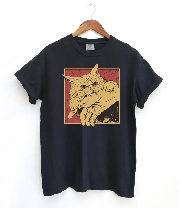 Black Angry Cat Graphic Tee made by Unique Vintage