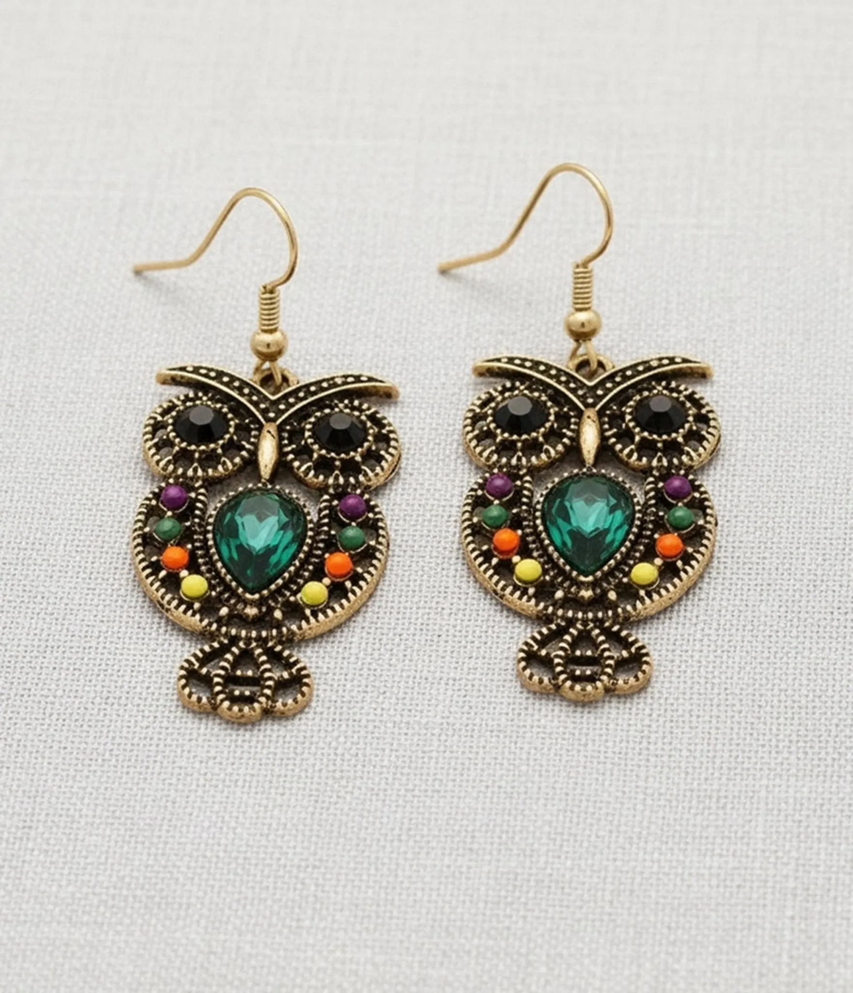 Gold Tone Bejeweled Owl Drop Earrings sold by Unique Vintage product image thumbnail 2