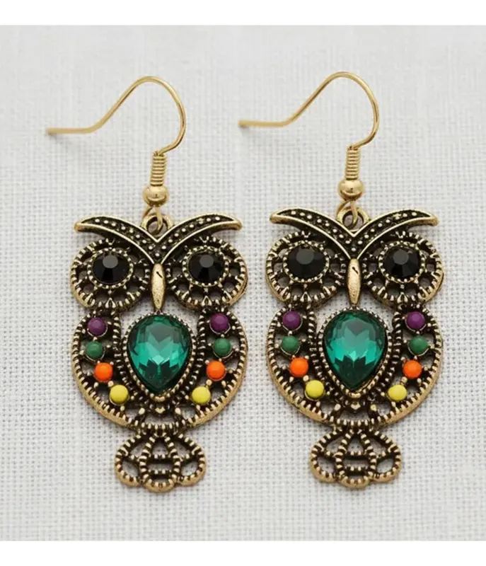Gold Tone Bejeweled Owl Drop Earrings made by Unique Vintage