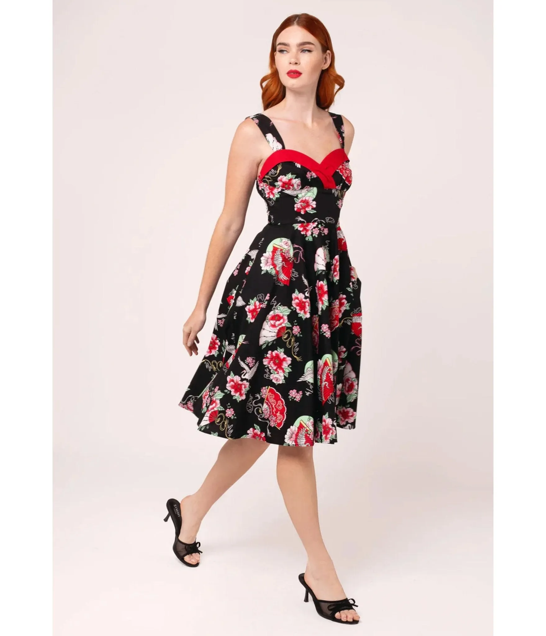 Hell Bunny Black & Red Floral Sweetheart Swing Dress sold by Unique Vintage