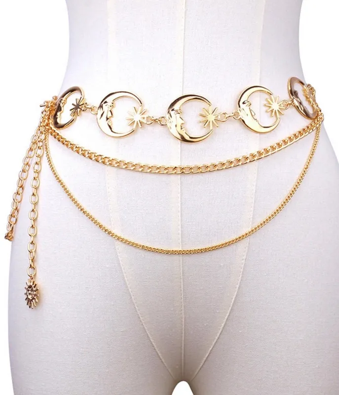 Gold Tone Celestial Moon & Star Layered Chain Belt made by Unique Vintage