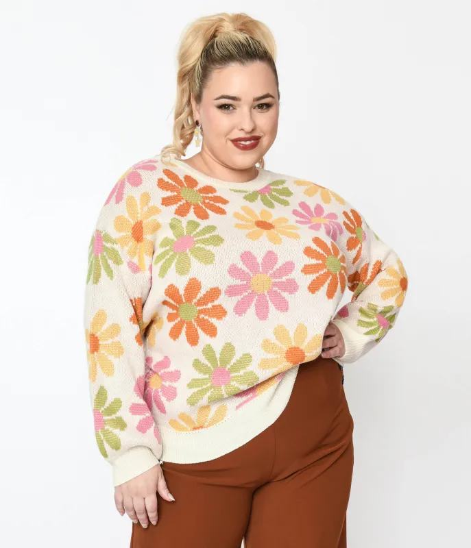 1970s Cream & Multicolor Retro Daisy Pullover Knit Sweater made by Hayden