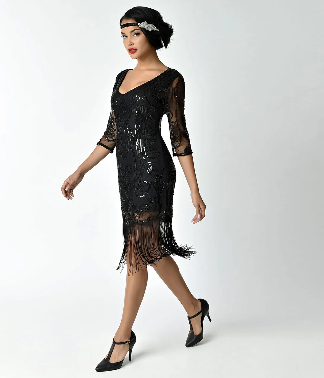 Unique Vintage 1920s Black Beaded & Sequin Margaux Sleeved Fringe Cocktail Dress sold by Unique Vintage product image thumbnail 4