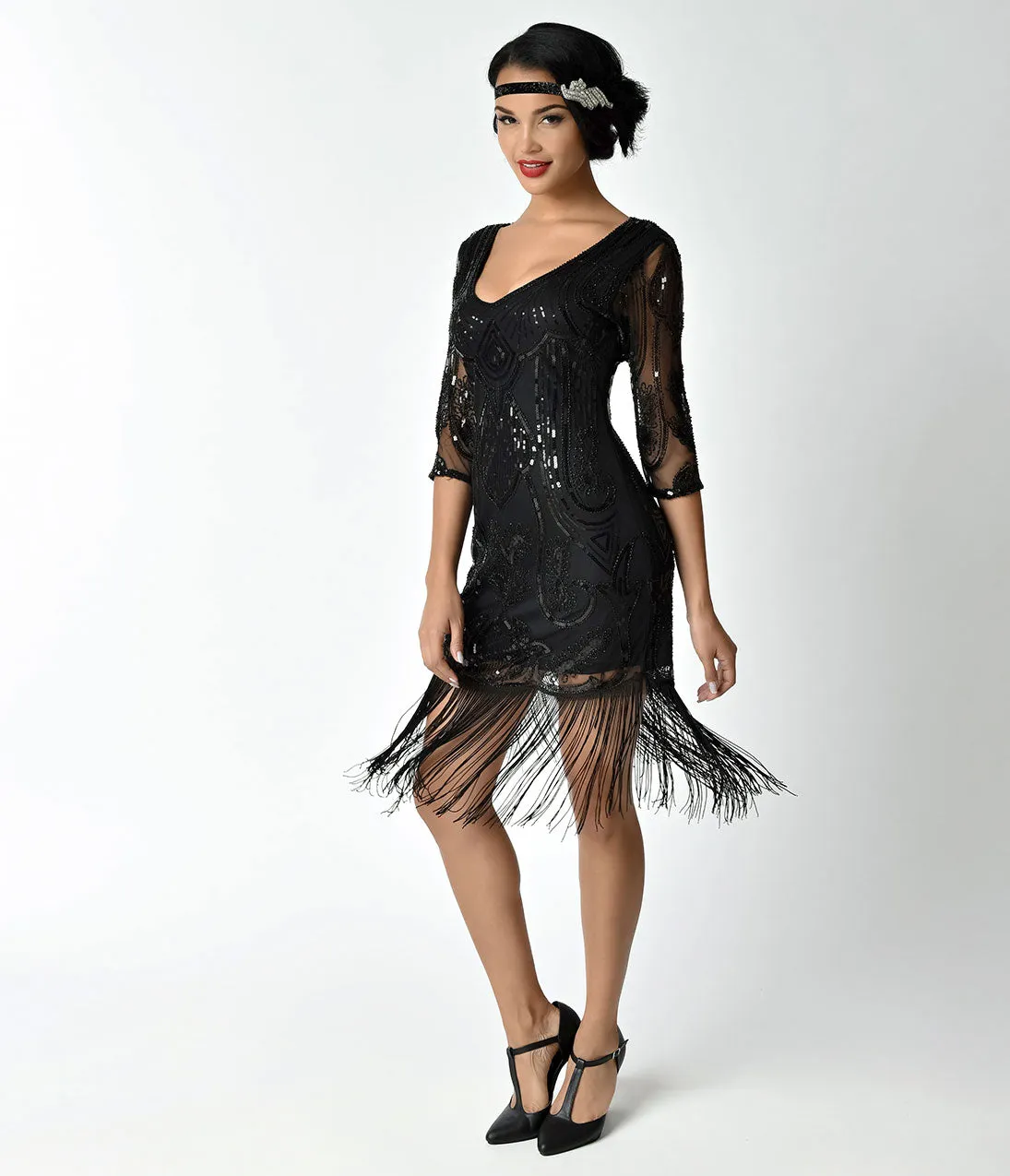 Unique Vintage 1920s Black Beaded & Sequin Margaux Sleeved Fringe Cocktail Dress sold by Unique Vintage