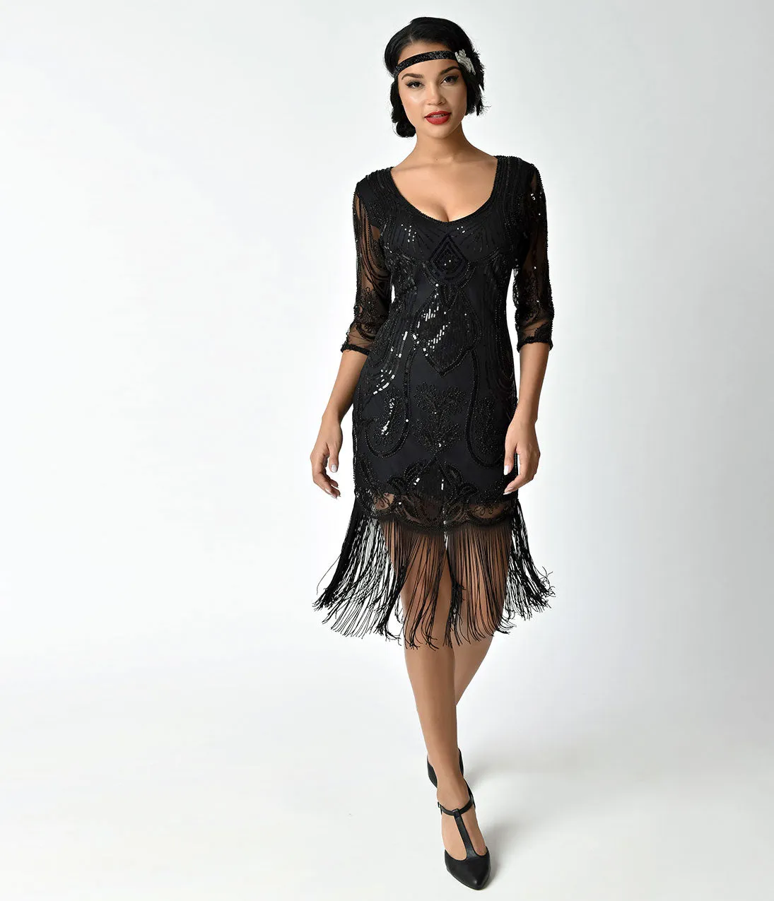 Unique Vintage 1920s Black Beaded & Sequin Margaux Sleeved Fringe Cocktail Dress sold by Unique Vintage product image thumbnail 3