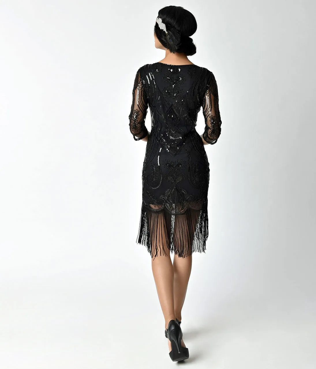 Unique Vintage 1920s Black Beaded & Sequin Margaux Sleeved Fringe Cocktail Dress sold by Unique Vintage product image thumbnail 2