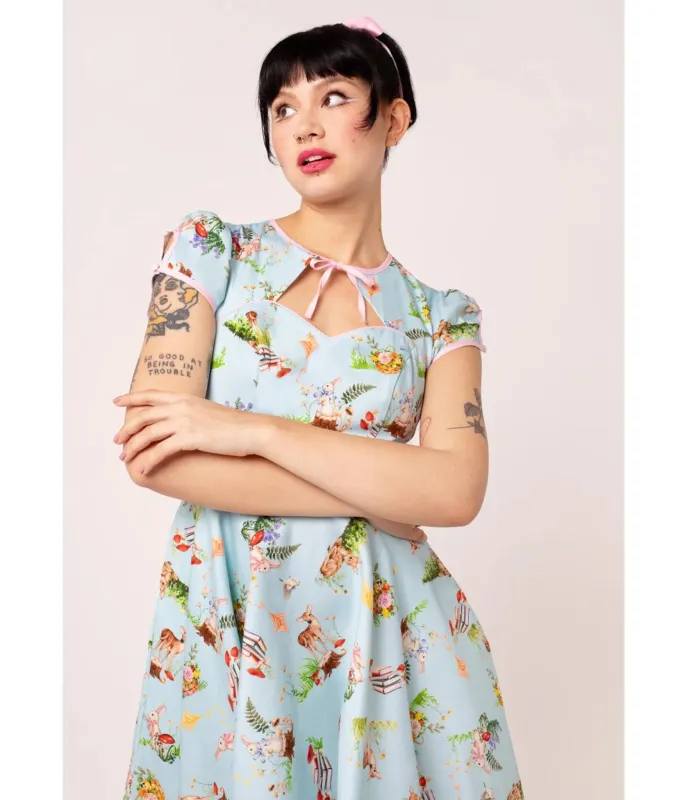 Hell Bunny Sky Blue Woodland Print Swing Dress made by Unique Vintage