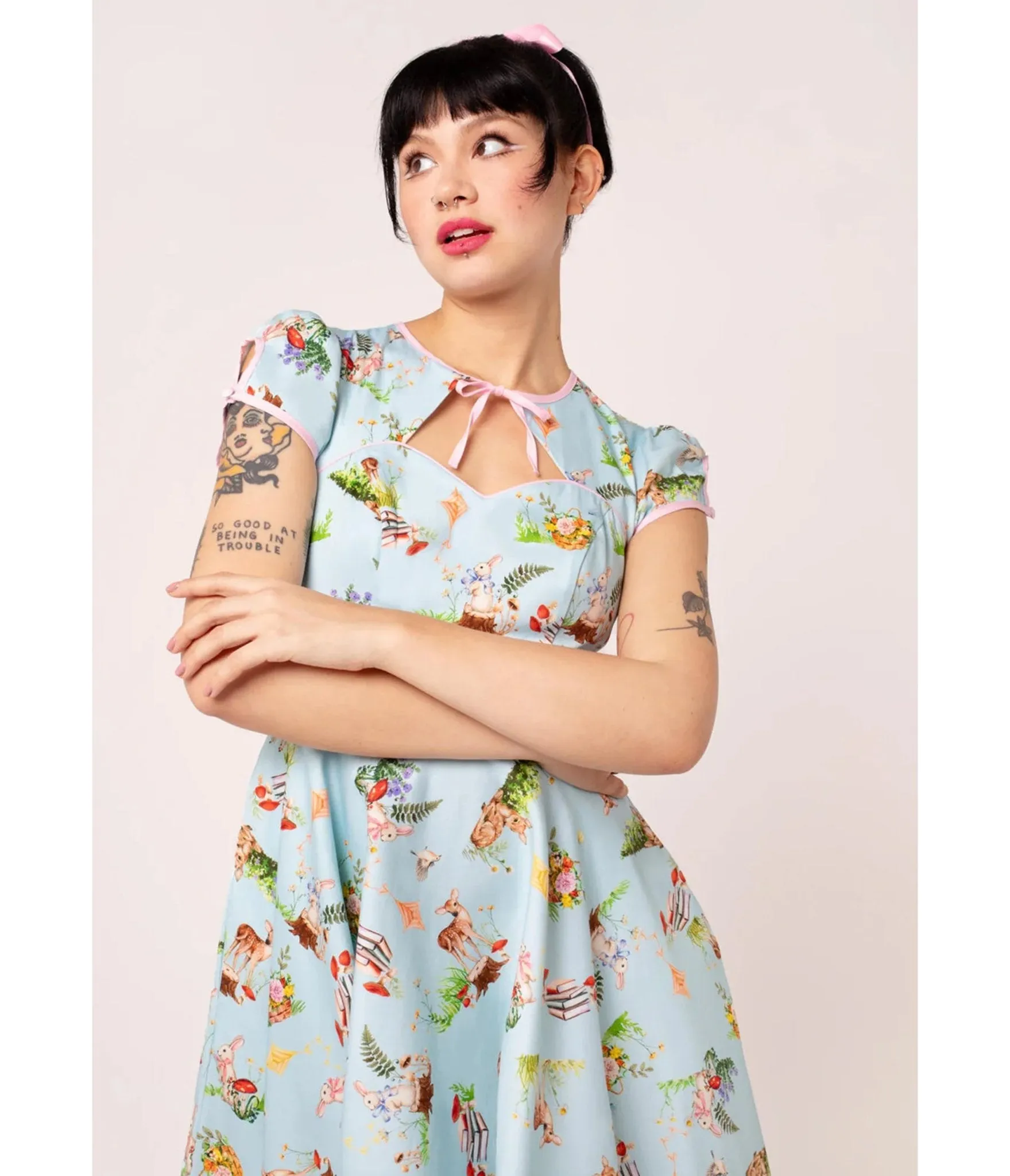 Hell Bunny Sky Blue Woodland Print Swing Dress sold by Unique Vintage