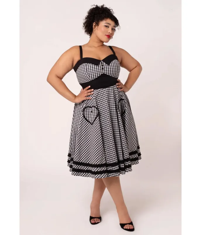 Hell Bunny Plus Size Black Gingham Heart Pocket Swing Dress made by Unique Vintage