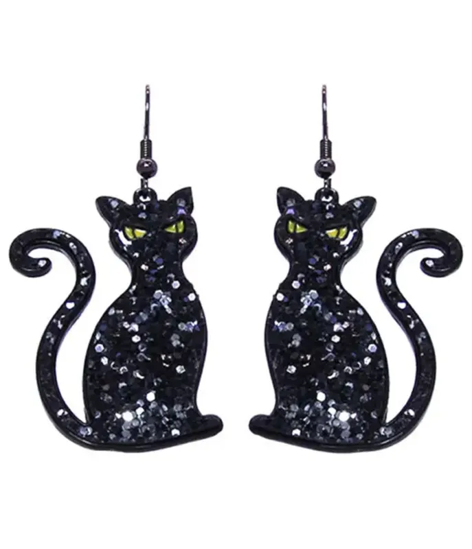 Black Cat Glitter Dangle Earrings made by Unique Vintage