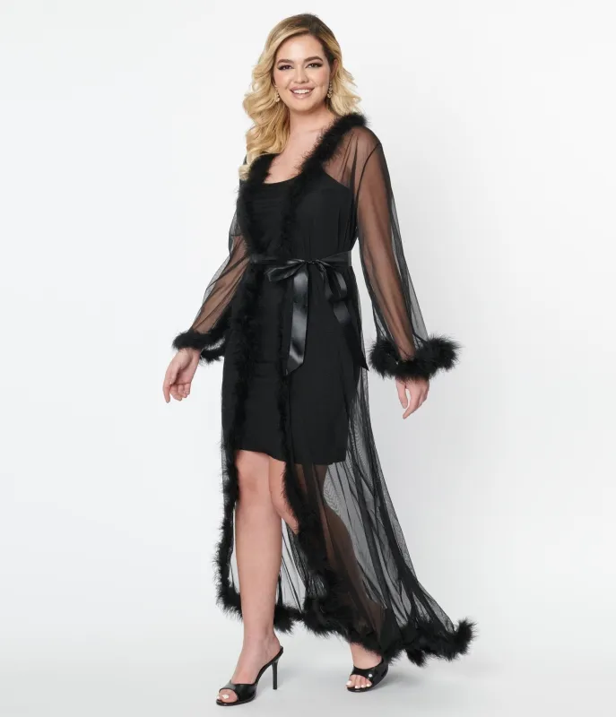 Black Faux Feather Sheer Longline Robe made by Unique Vintage