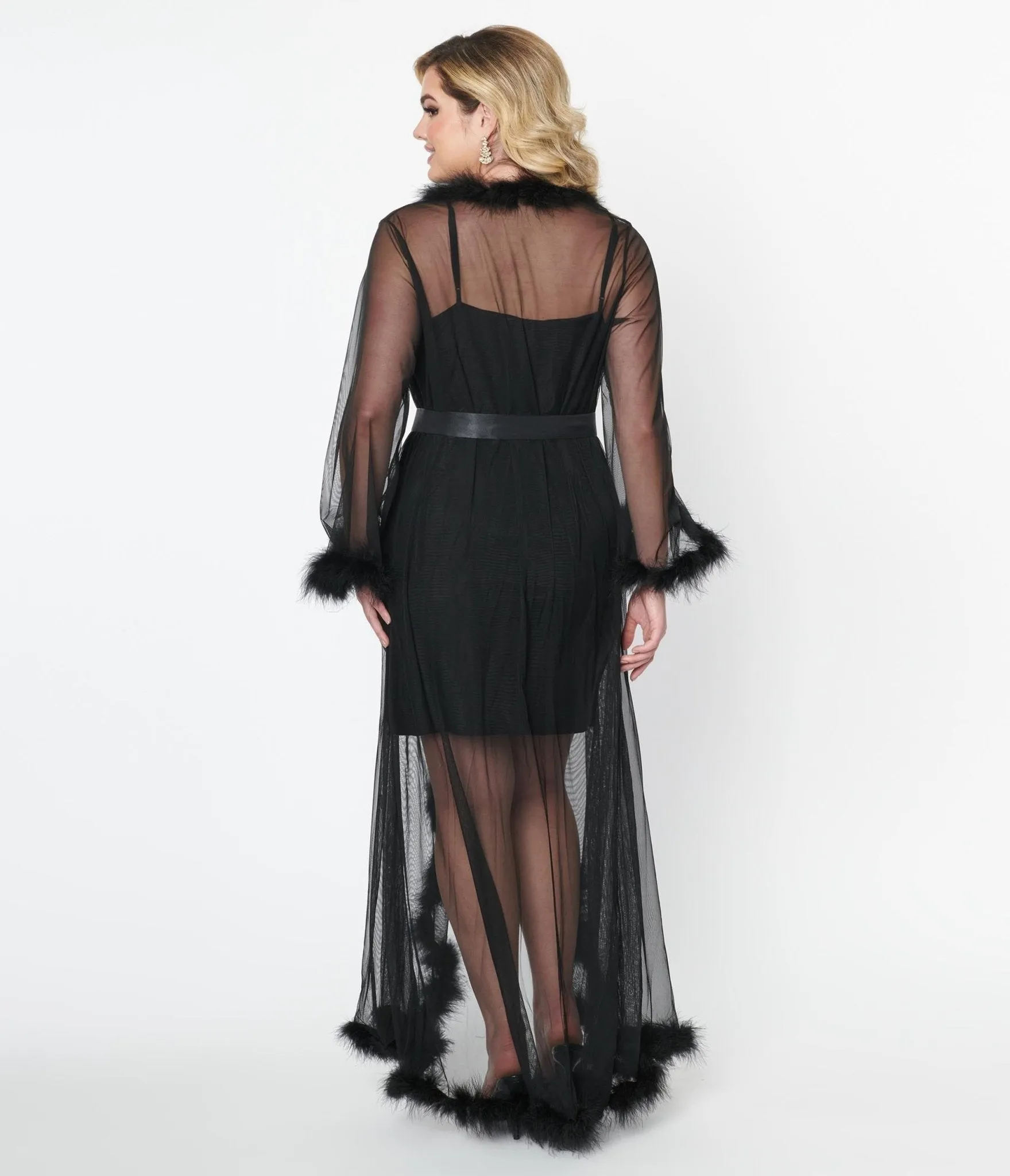 Black Faux Feather Sheer Longline Robe sold by Unique Vintage product image thumbnail 2