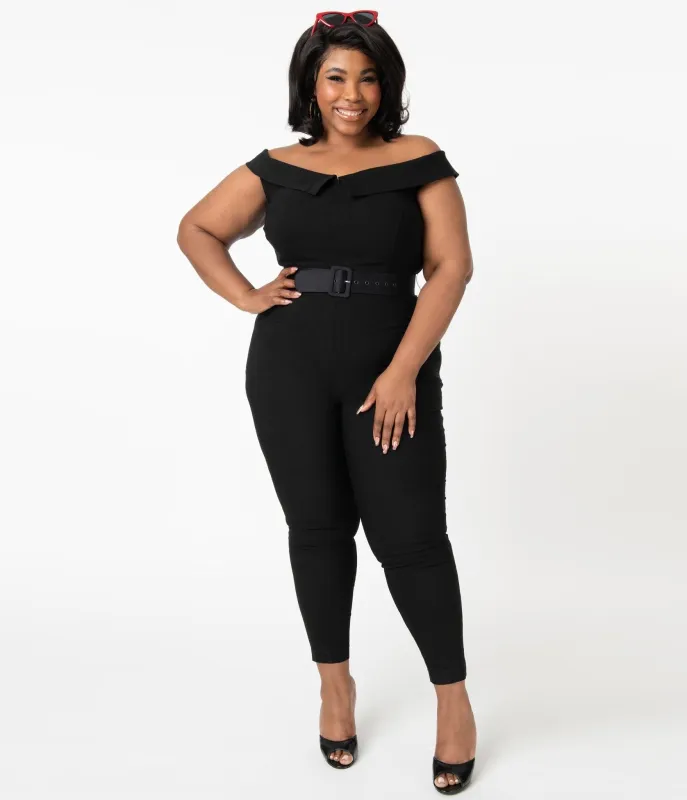 Unique Vintage Plus Size 1950s Black Off Shoulder Gillian Jumpsuit made by Unique Vintage