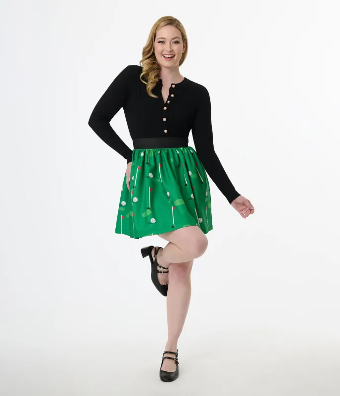 Smak Parlour 1950s Green Golf Print Gathered Mini Skirt made by Unique Vintage