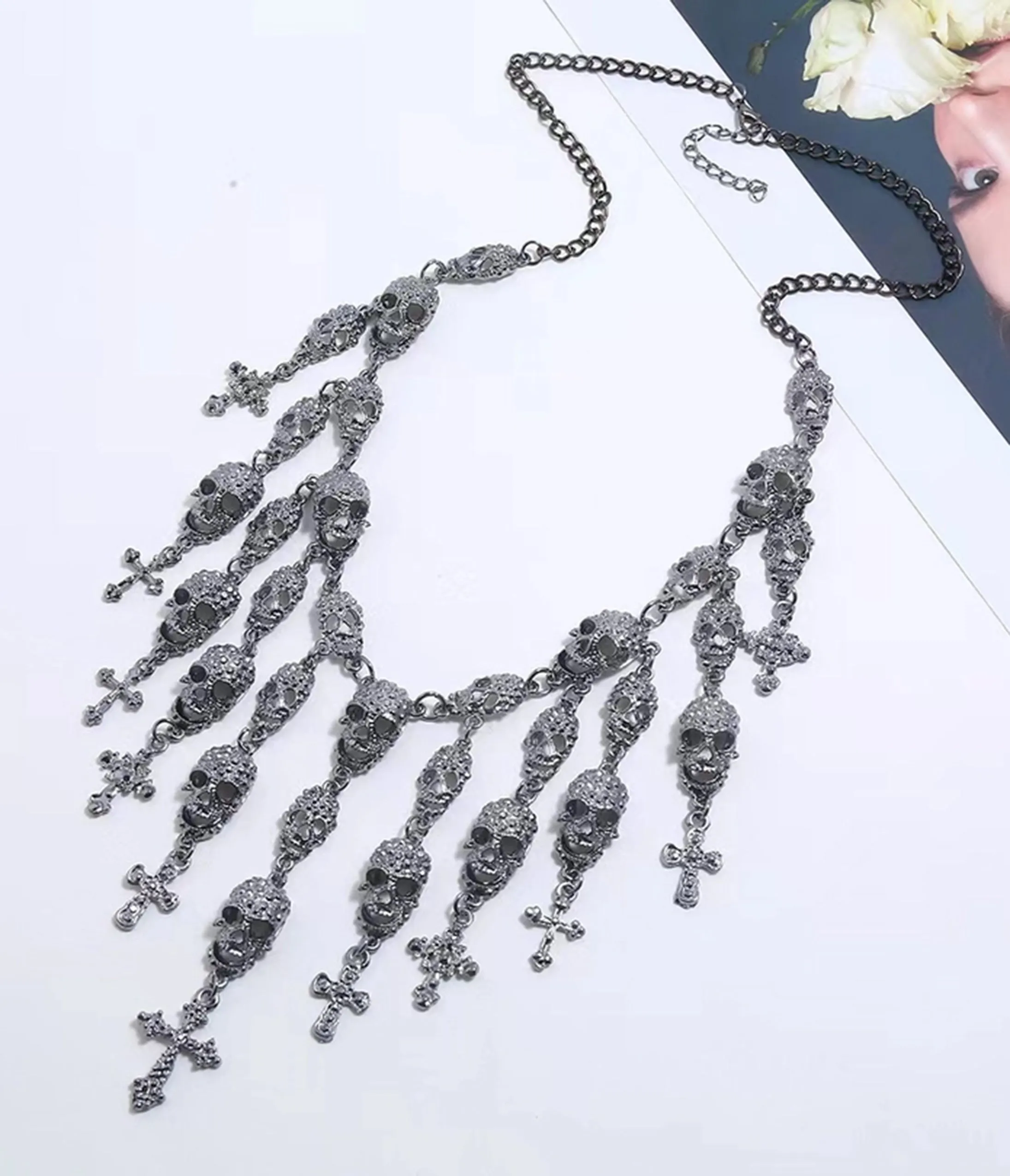 Western Fashion Silver Tone Skull & Cross Necklace sold by Unique Vintage
