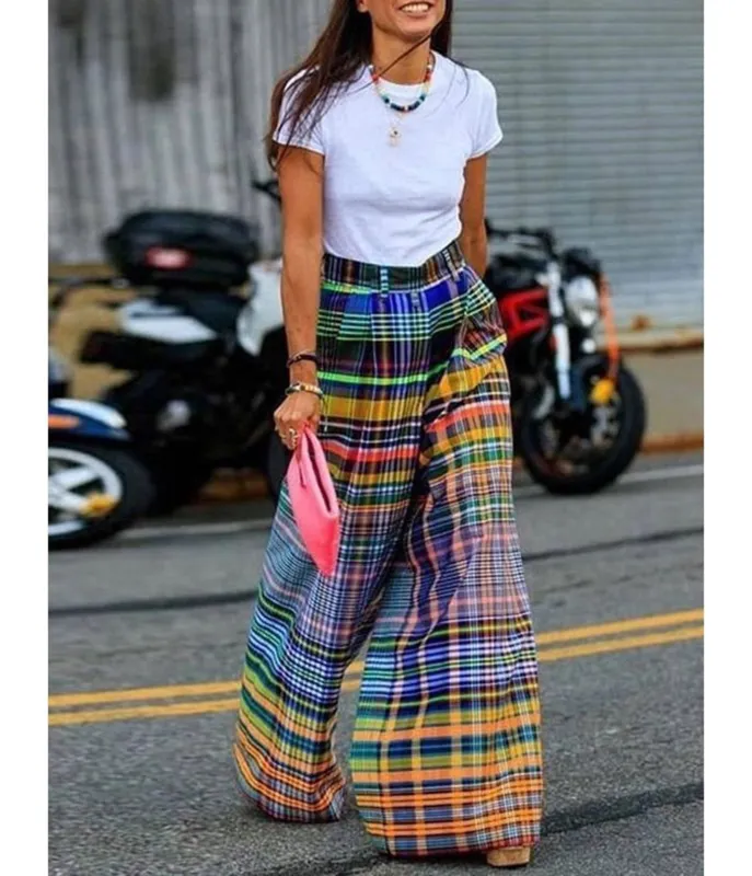 Multicolor Plaid Wide Leg Pants made by Unique Vintage