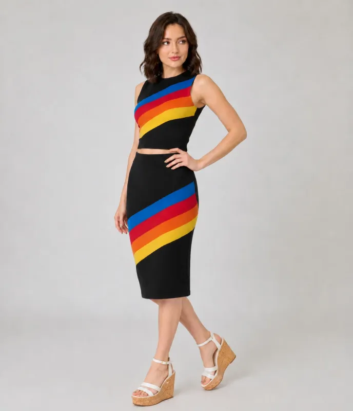 Black Rainbow Stripe Top & Skirt Set made by Unique Vintage