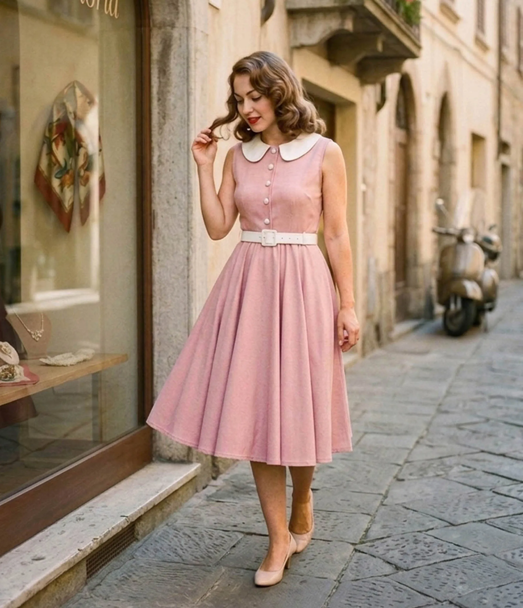 Pink & White Peter Pan Collared Swing Dress sold by Unique Vintage