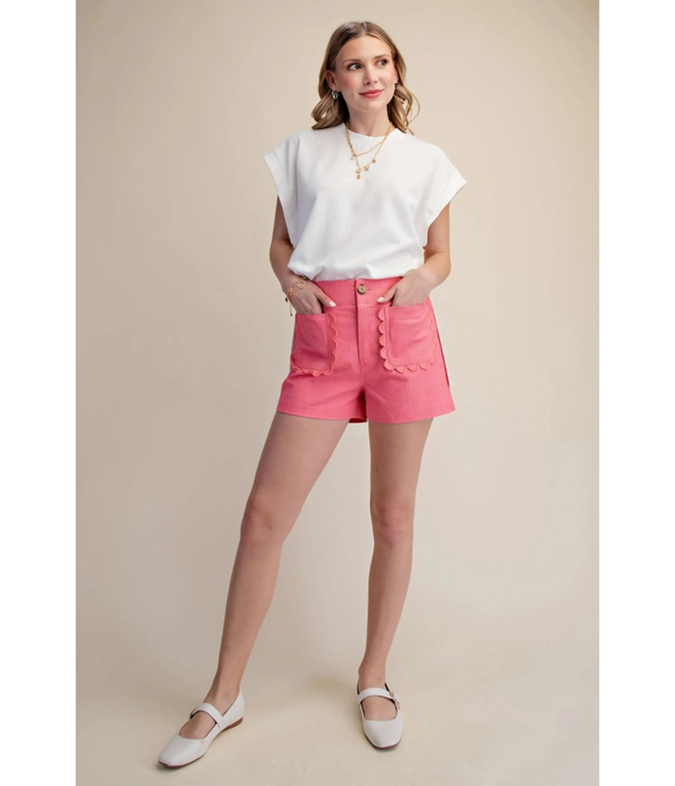 Pink Twill Scallop Pocket Shorts sold by Unique Vintage