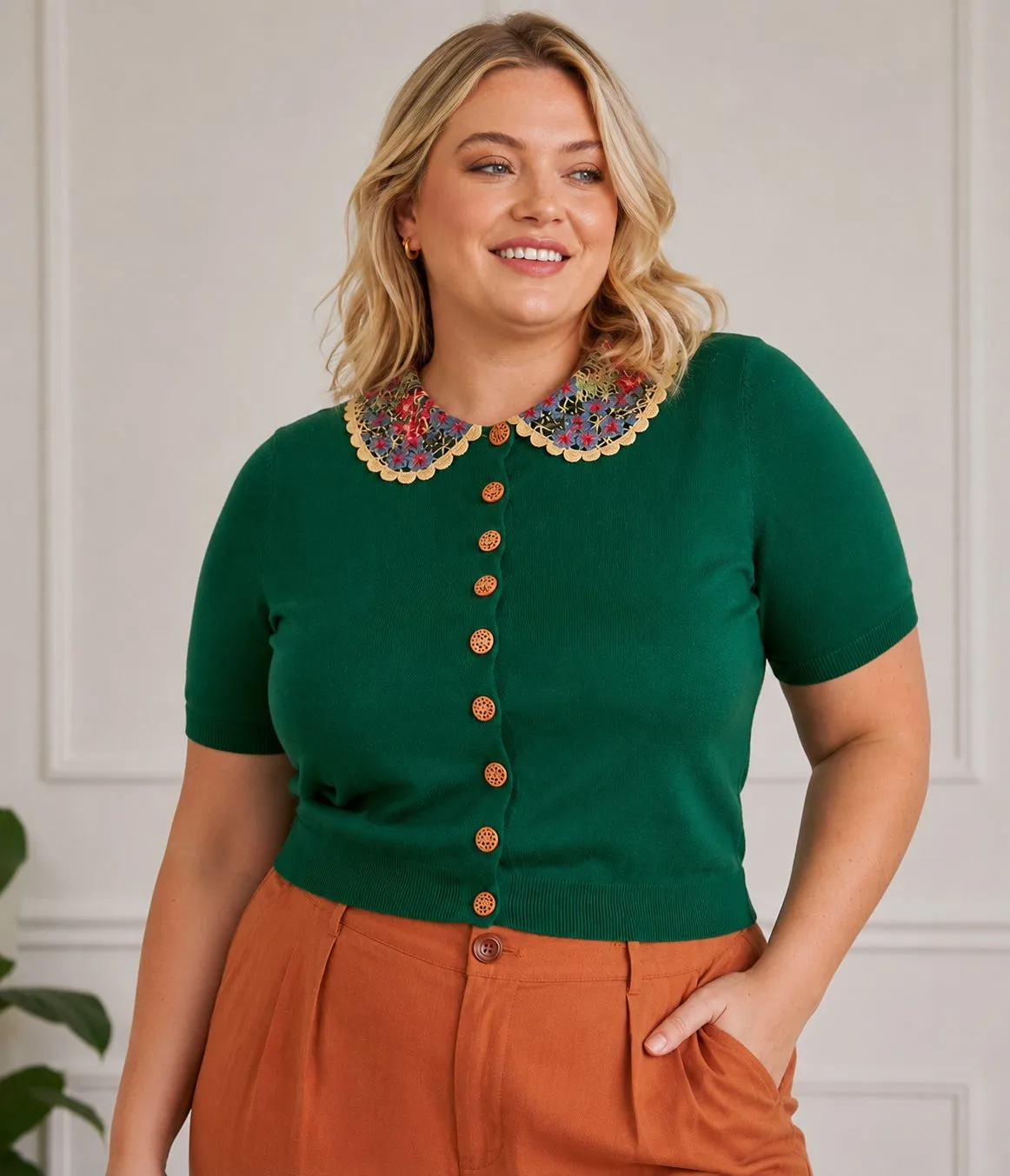 Banned Plus Size Green Polly Floral Collar Cardigan sold by Unique Vintage