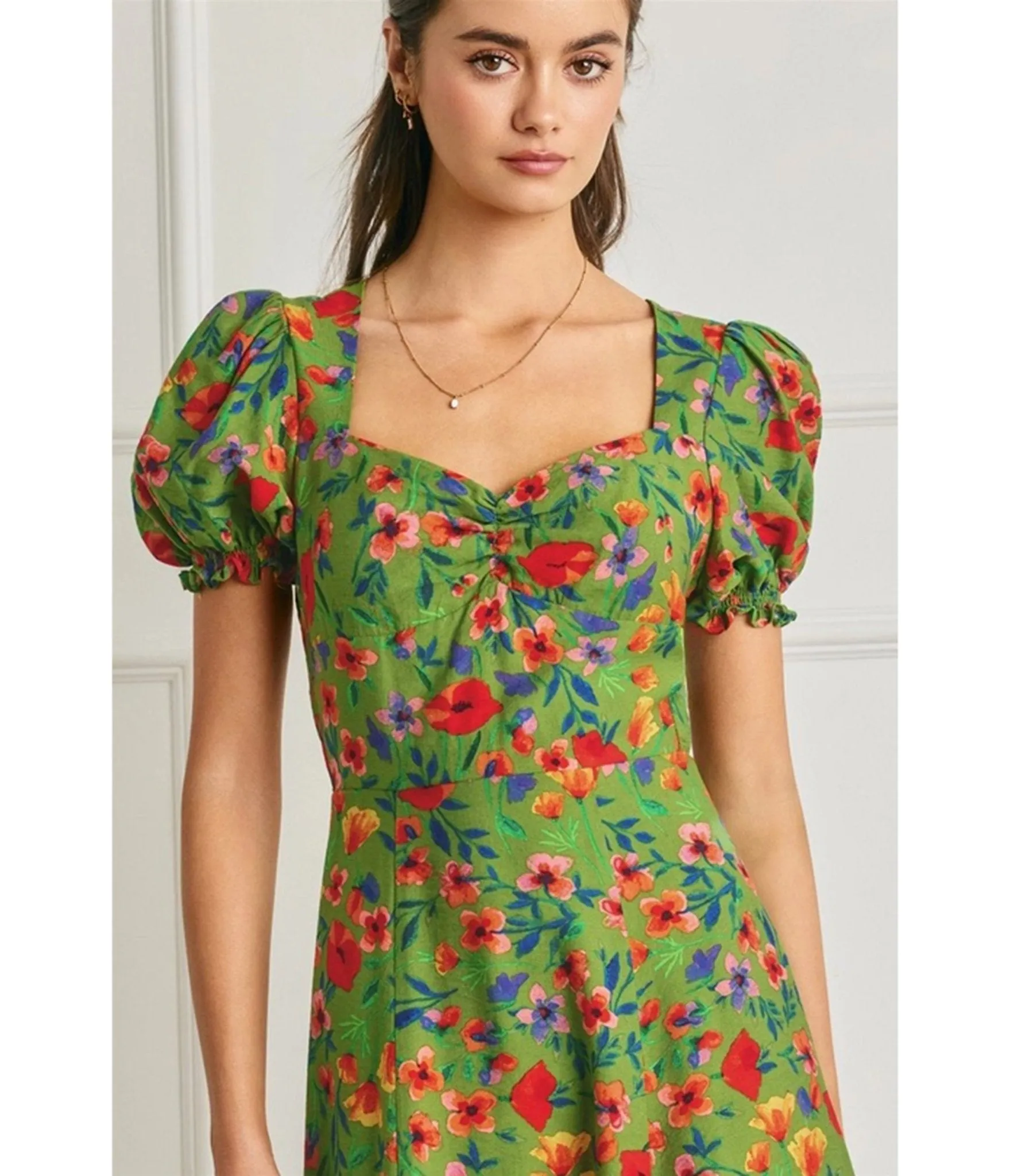 Green Floral Print Puff Sleeve Midi Dress sold by Unique Vintage product image thumbnail 3