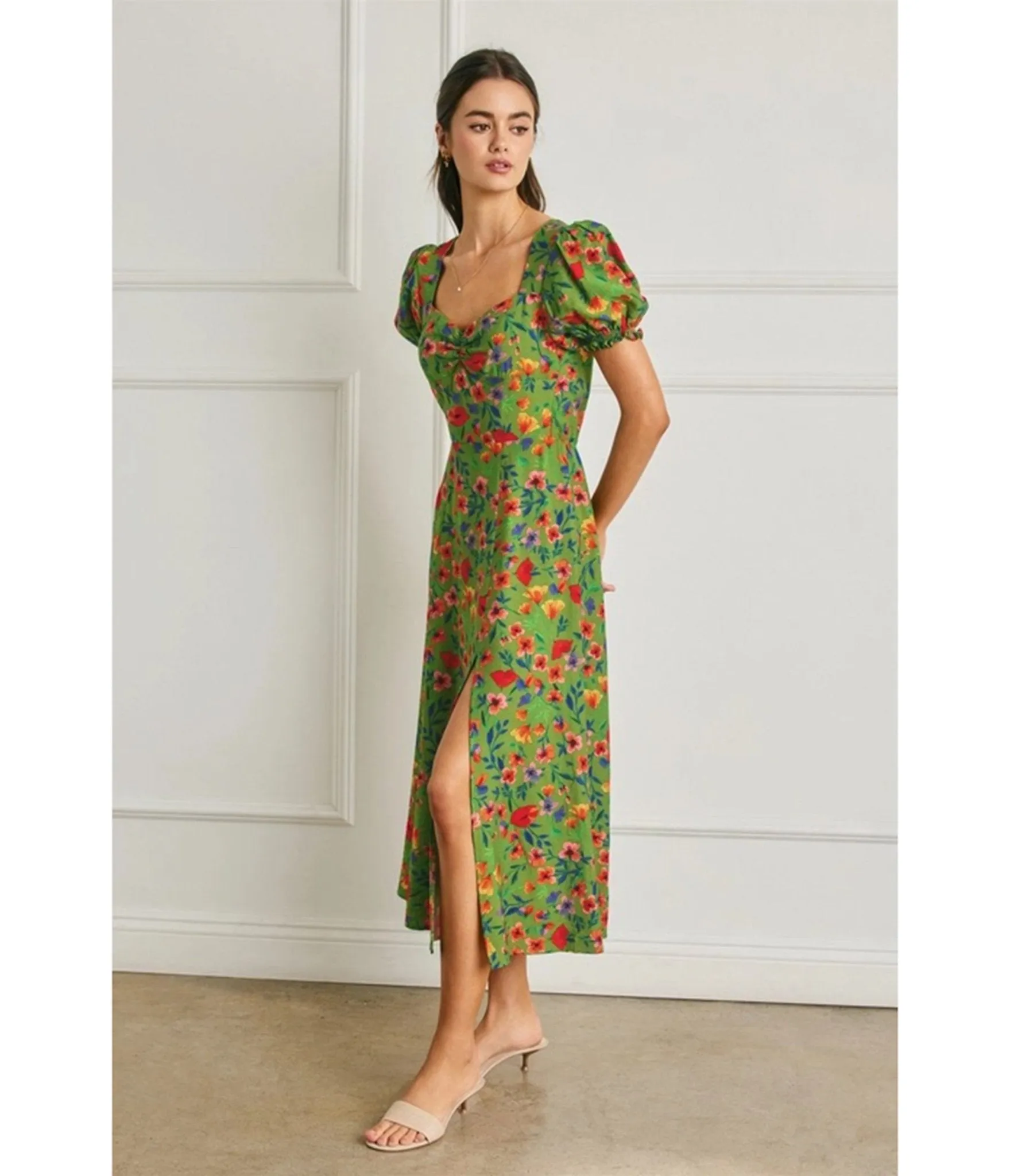 Green Floral Print Puff Sleeve Midi Dress sold by Unique Vintage product image thumbnail 4
