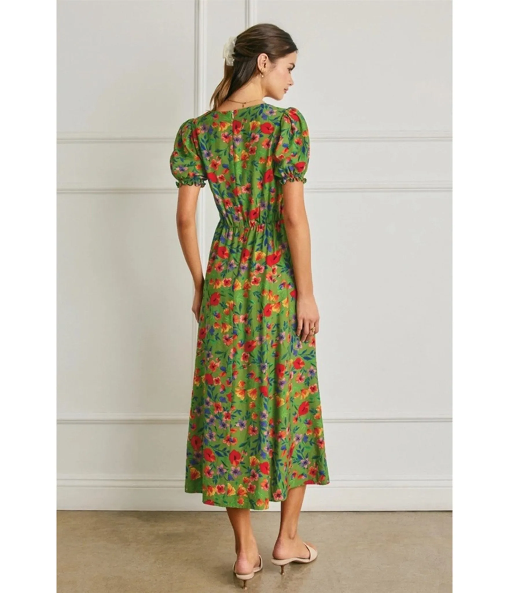 Green Floral Print Puff Sleeve Midi Dress sold by Unique Vintage product image thumbnail 2