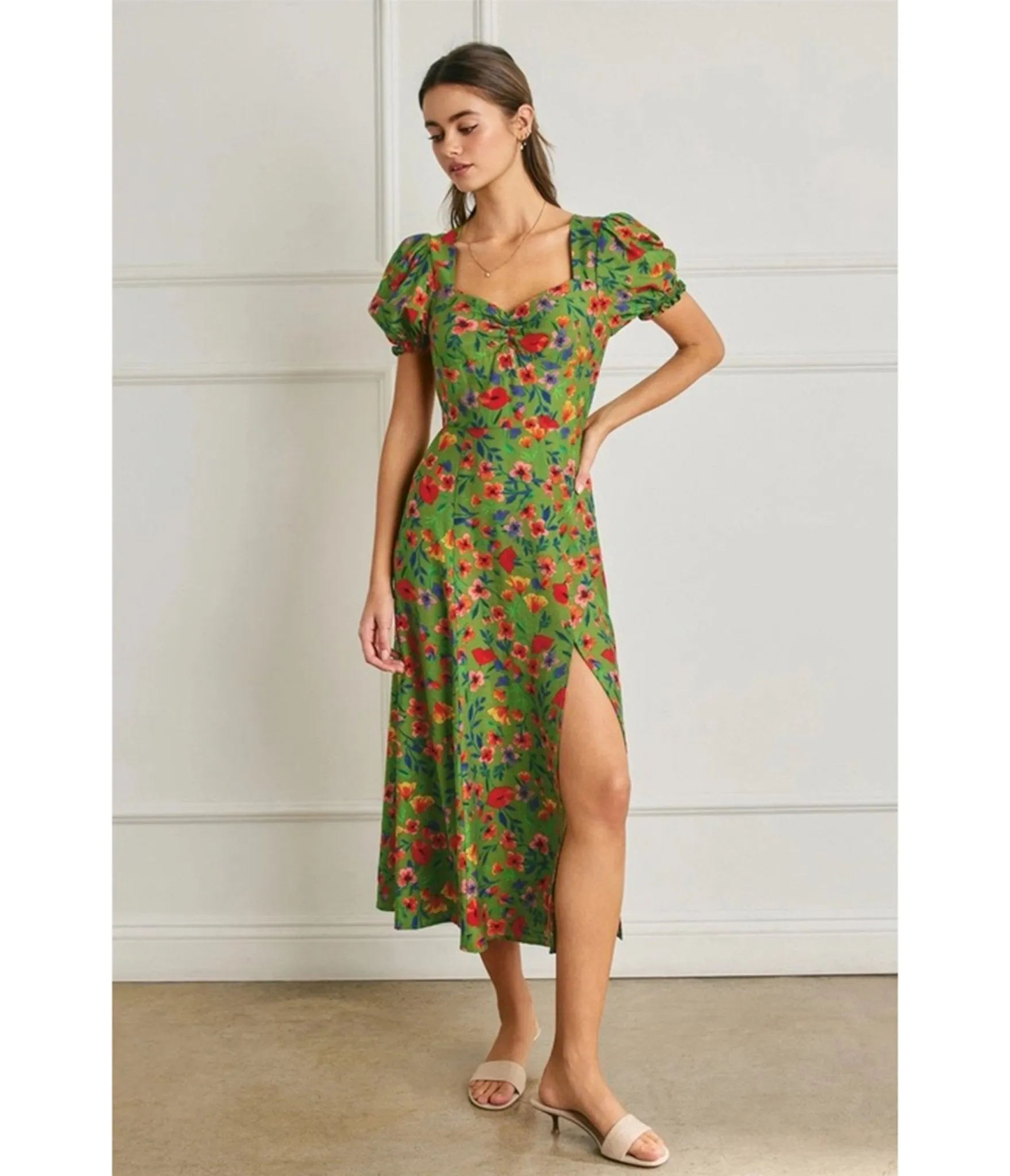 Green Floral Print Puff Sleeve Midi Dress sold by Unique Vintage