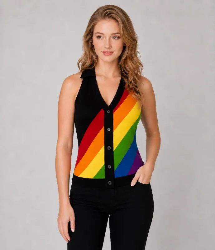 Black Rainbow Stripe Halter Vest made by Unique Vintage