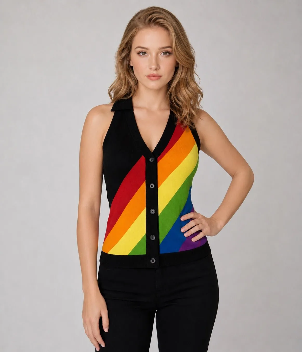 Black Rainbow Stripe Halter Vest sold by Unique Vintage product image thumbnail 2