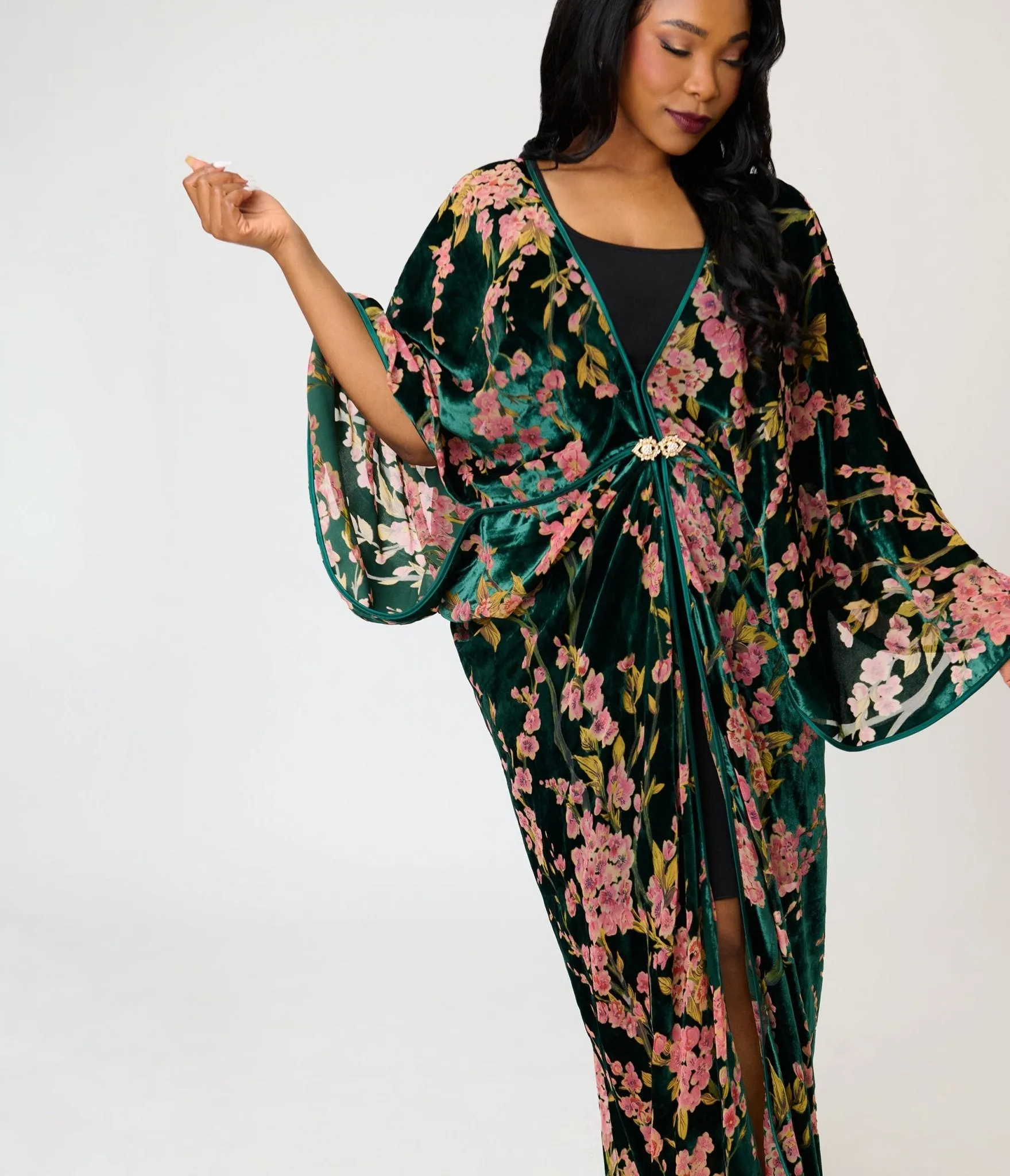 Unique Vintage Green Floral Embossed Velvet Long Kimono sold by Unique Vintage