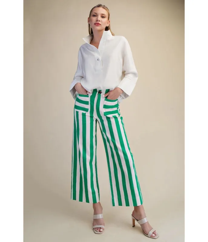 Green & White Stripe Wide Leg Pants made by glam