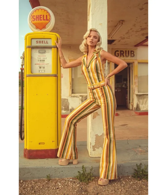 Mustard Striped Denim Belted Jumpsuit made by Unique Vintage