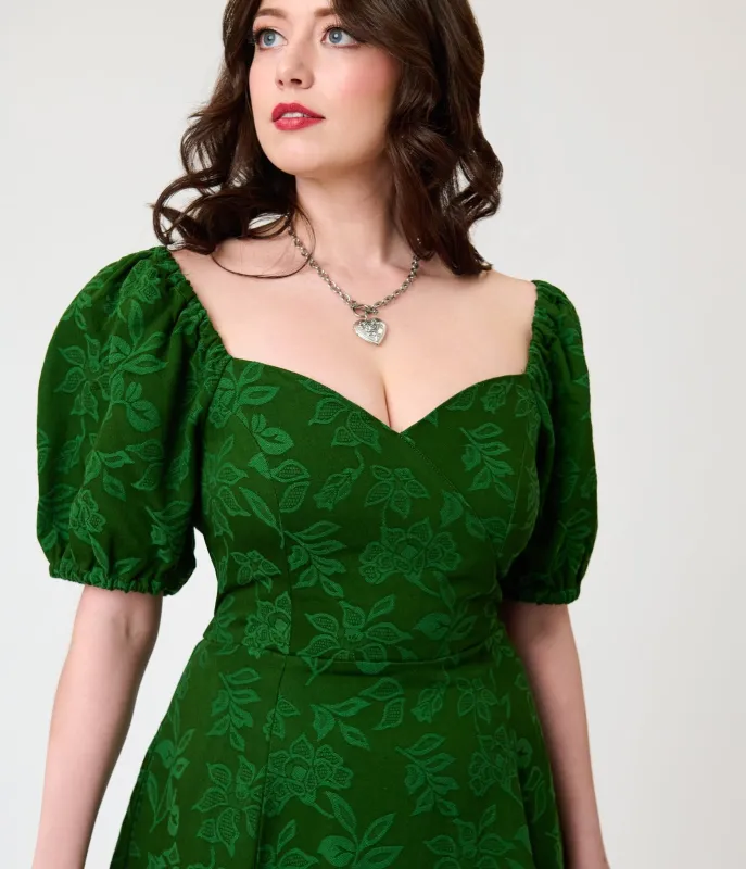 Unique Vintage Green Floral Jacquard Sweetheart Swing Dress made by Unique Vintage