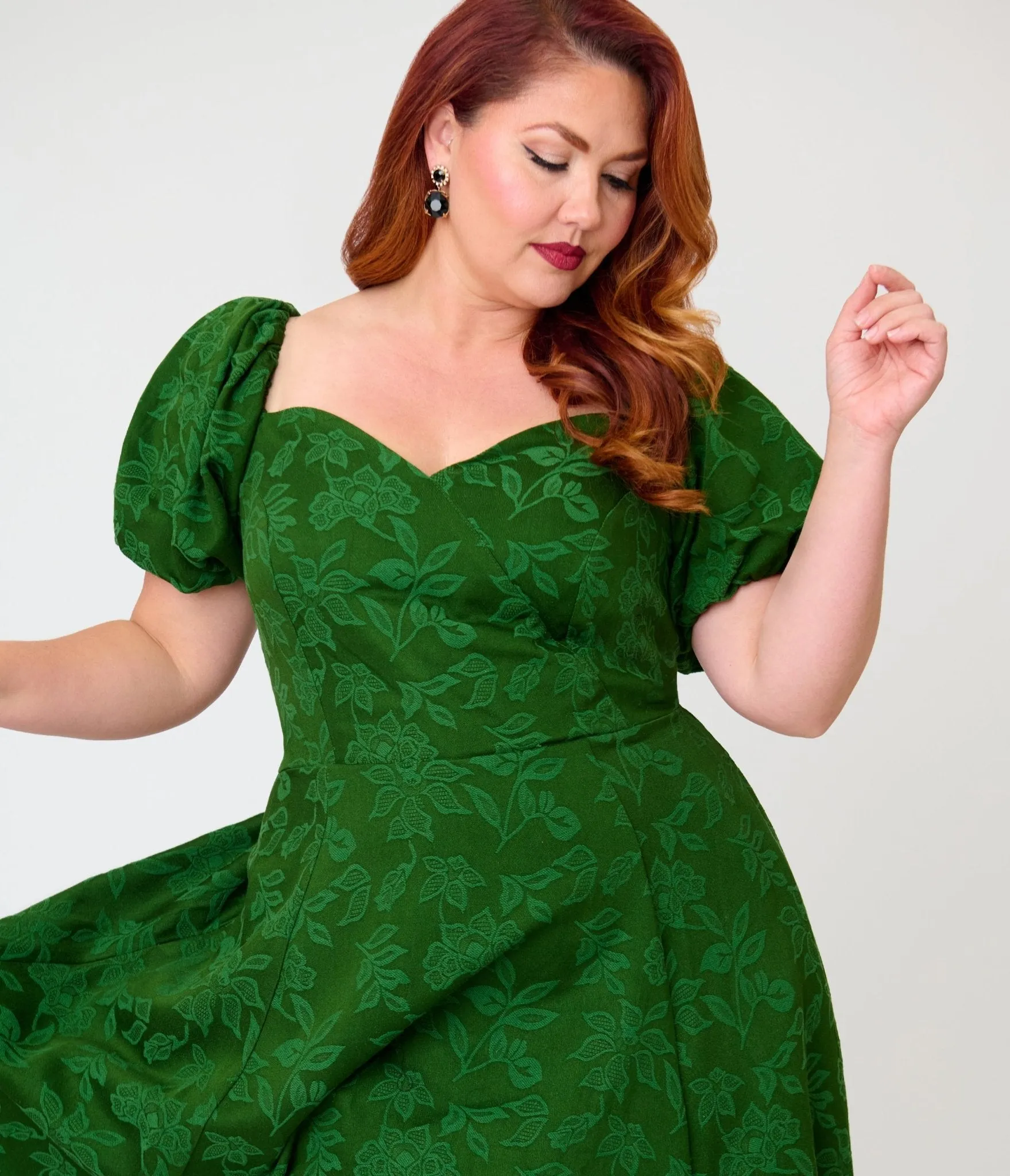 Unique Vintage Plus Size Green Floral Jacquard Sweetheart Swing Dress sold by Unique Vintage product image thumbnail 3