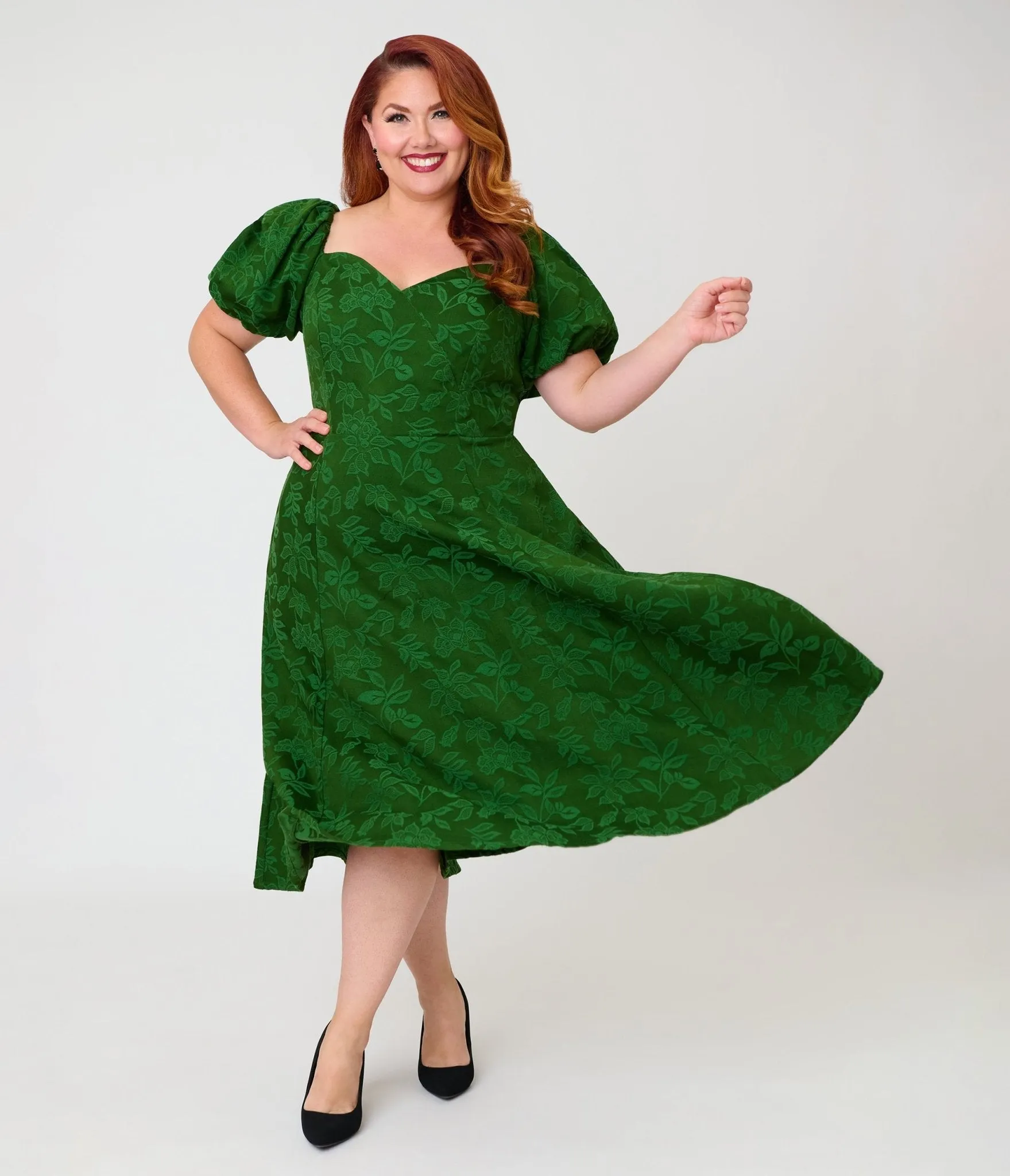 Unique Vintage Plus Size Green Floral Jacquard Sweetheart Swing Dress sold by Unique Vintage product image thumbnail 4