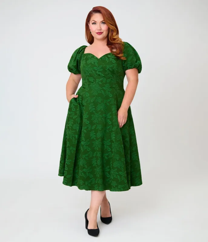 Unique Vintage Plus Size Green Floral Jacquard Sweetheart Swing Dress made by Unique Vintage
